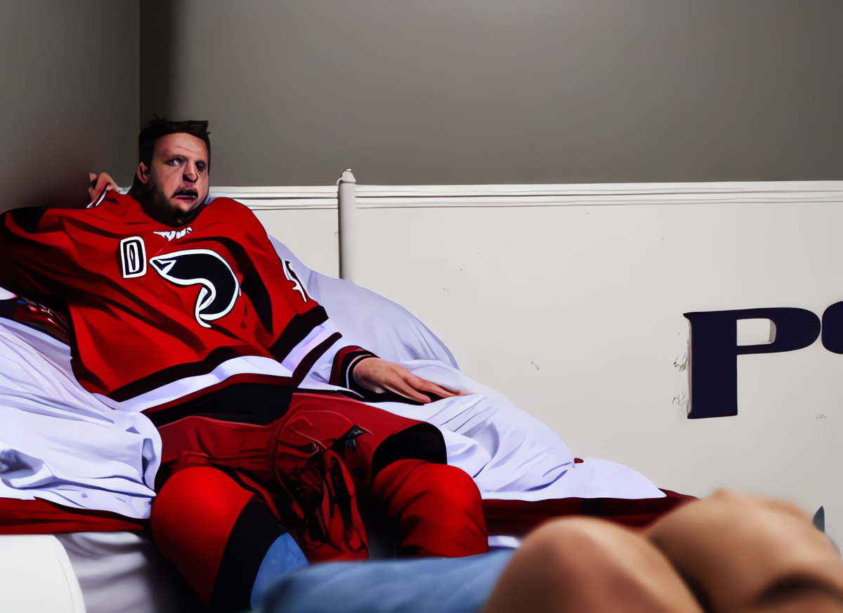 an anxious and scared hockey fan laying in bed, unable to sleep. they fear the devil, lurking about the room.