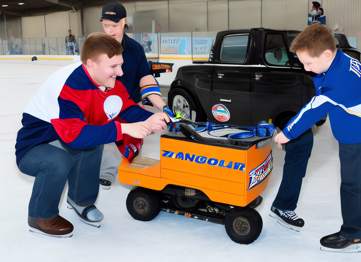 A young child in a hockey jersey being handed the keys to a zamboni