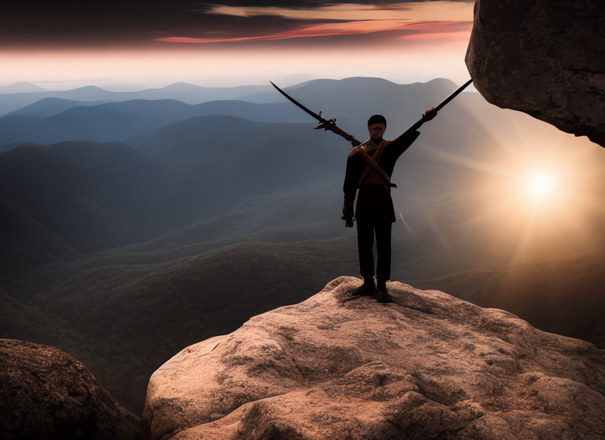 a young man holding a sword in the air, standing on a mountain it is dark and scary but a sunrise is visible on the horizon
