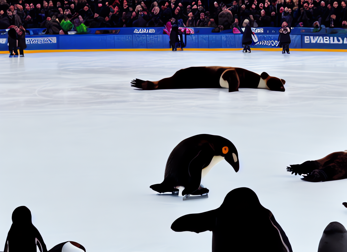 "a bear and penguin asleep on an ice rink. a crowd is crying around them. "