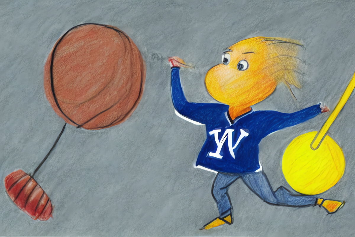 A NY Ranger flying on a broomstick chasing a yellow ball around , Children's Drawing