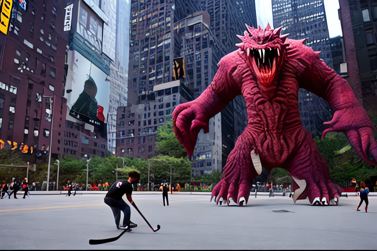 A hockey player fighting a giant Kaiju style monster in New York City