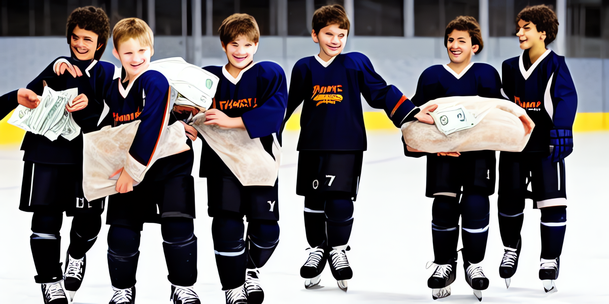 a young hockey player carrying giant bags of money being helped by his team mates.