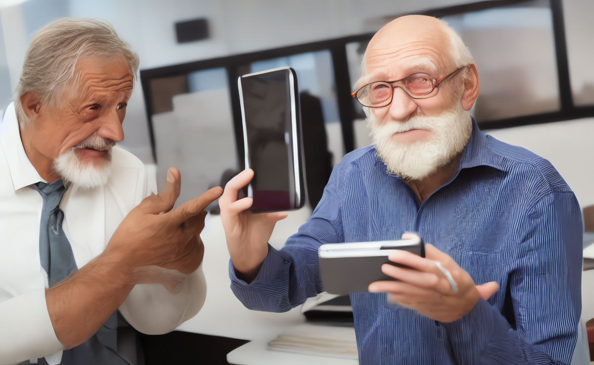 A creepy old man asking teenagers to show him pictures on their cell phones. in an office with a TV mounted to the wall.
