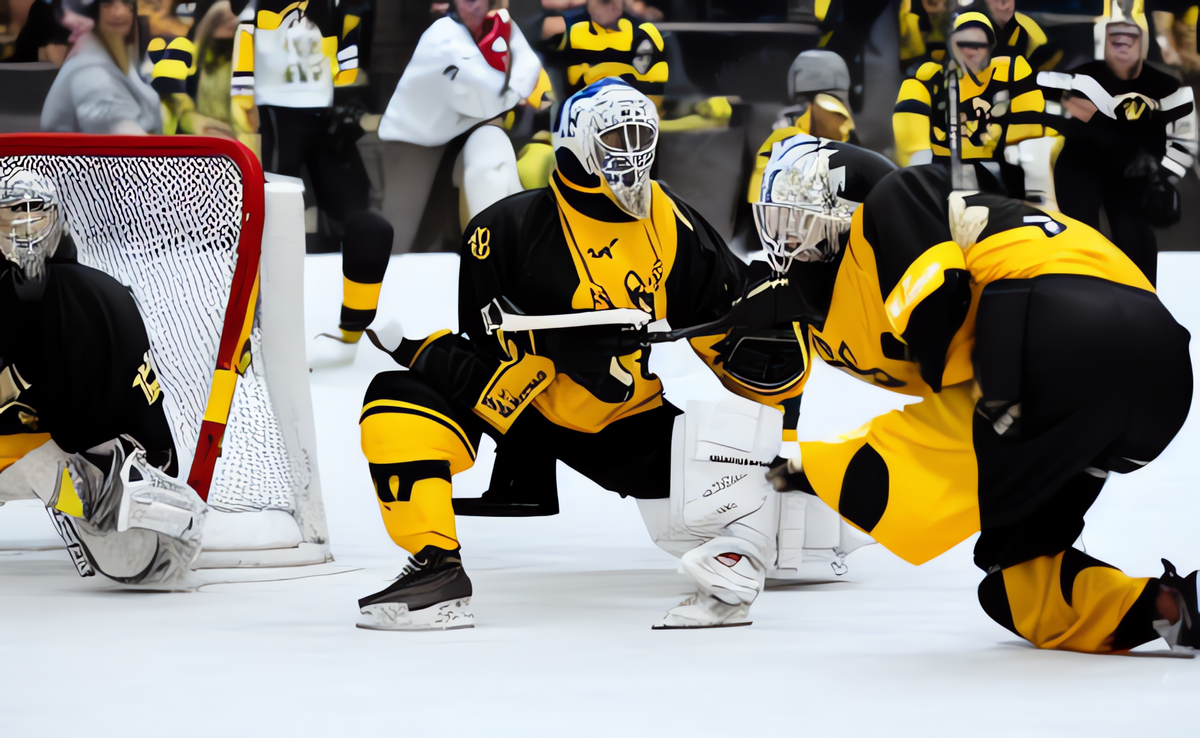 a hockey goalie in black and yellow twerking in front of the opposing team wearing white., War Photography