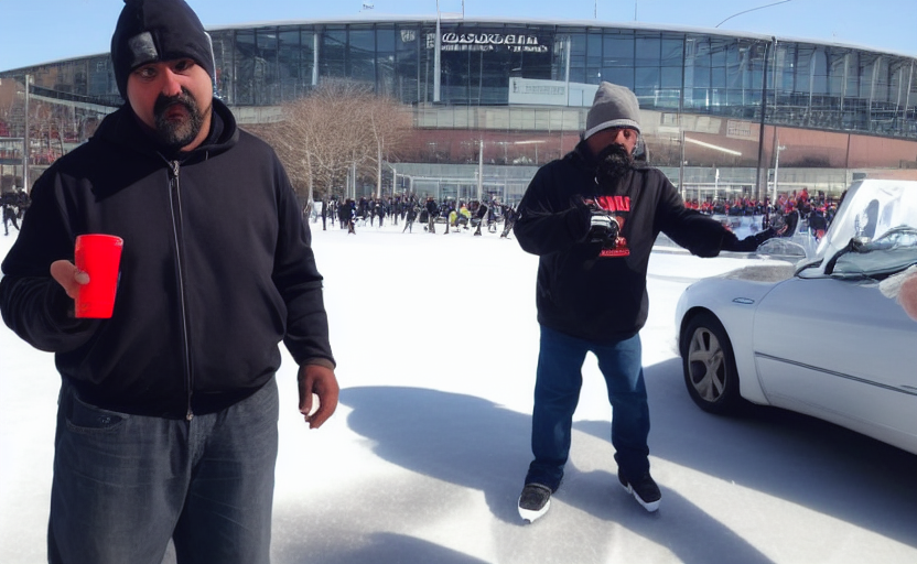 A middle aged man dressed like an urban drug dealer, trying to sell cocaine to hockey fans outside of a stadium.