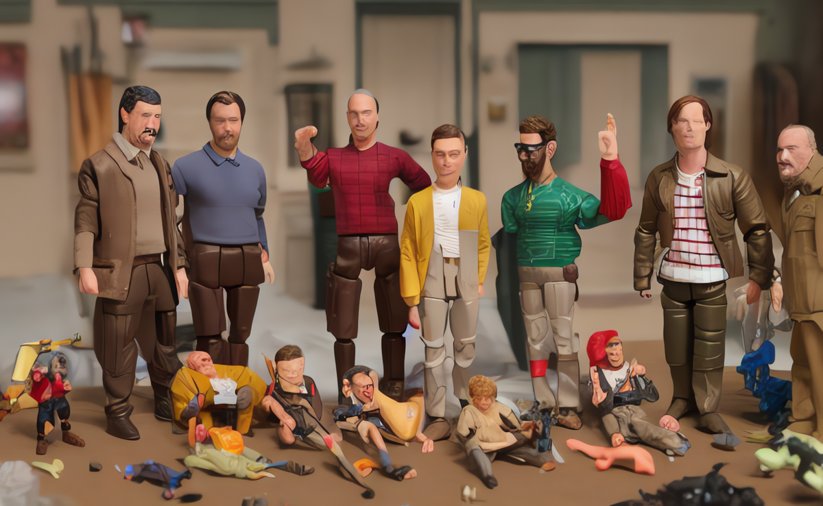 4 grown men playing make-believe with action figures, Cinematic, by Wes Anderson