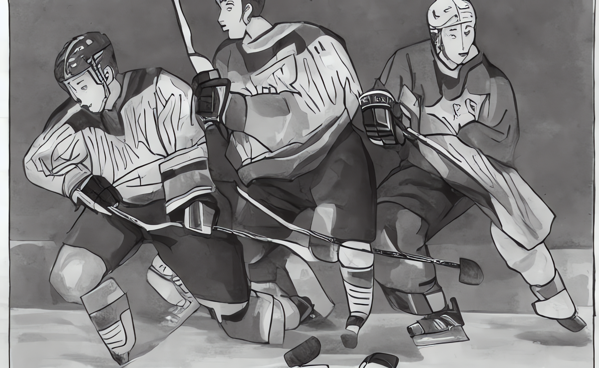 An broken down man, sad and unable to move well, forced to play ice hockey. , Manga, Colorful